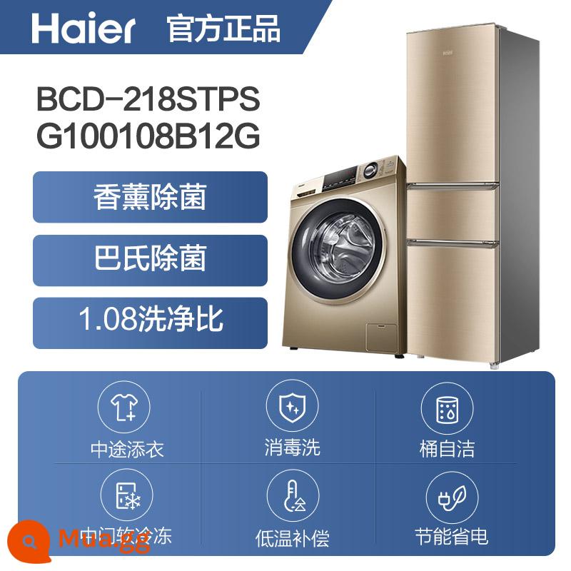 Bộ đá giặt Haier Tủ lạnh 3 cửa 218 lít + Máy giặt lồng giặt chuyển đổi tần số 10 kg kết hợp gói thiết bị gia dụng - Tủ lạnh + máy giặt 218L