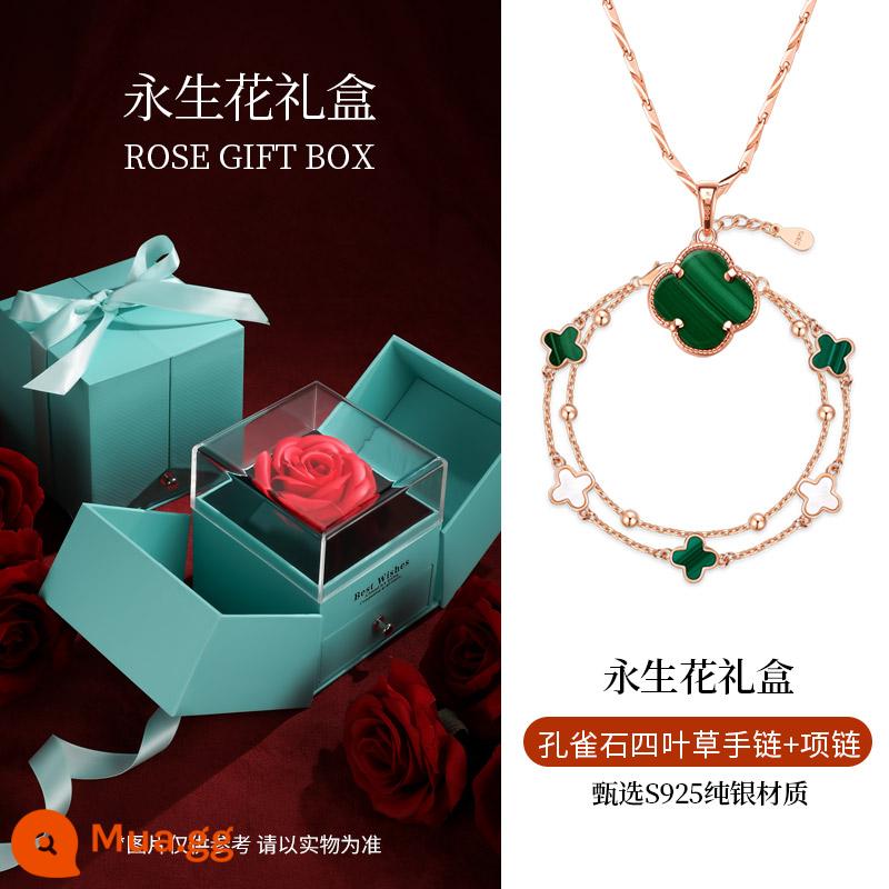 Malachite Cỏ Bốn Lá Vòng Tay Bạc Nữ Vòng Tay Bạc 2022 Cặp Đôi Mới Lễ Tình Nhân Quà Tặng Sinh Nhật Bé Gái - Tay cỏ bốn lá Malachite + dây chuyền + hộp quà hoa vĩnh cửu