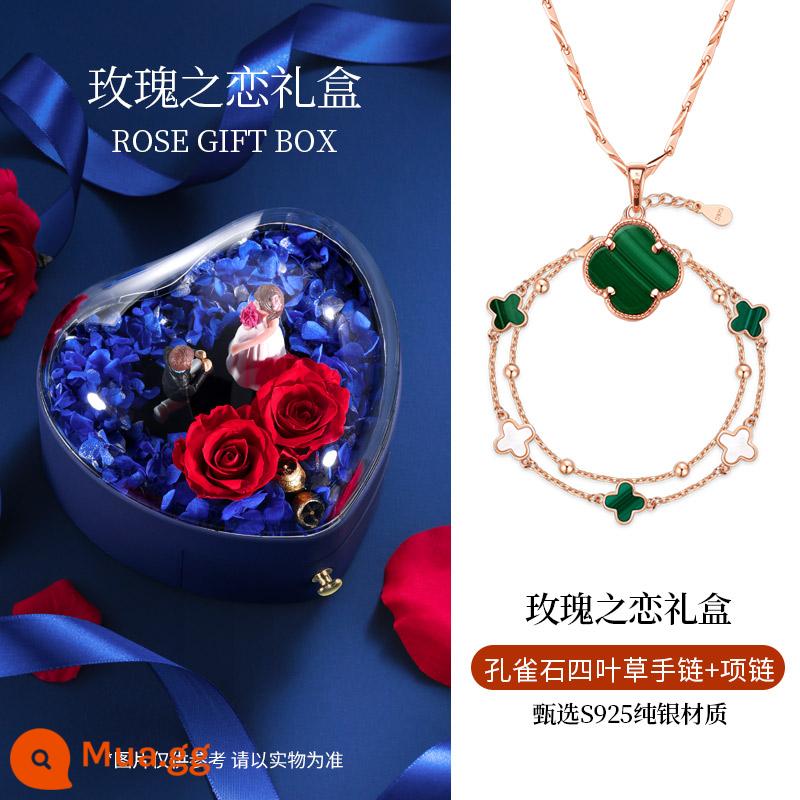 Malachite Cỏ Bốn Lá Vòng Tay Bạc Nữ Vòng Tay Bạc 2022 Cặp Đôi Mới Lễ Tình Nhân Quà Tặng Sinh Nhật Bé Gái - Tay cỏ bốn lá Malachite + dây chuyền + hộp quà hoa hồng tình yêu