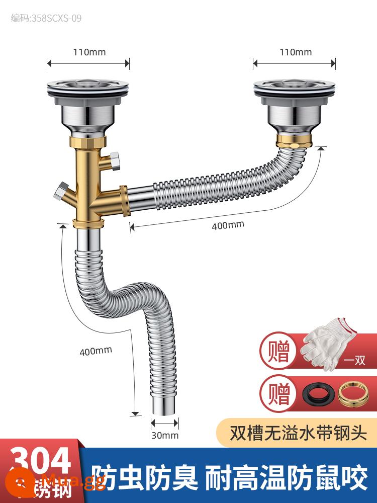 Bồn Rửa Chén Bếp Phụ Kiện Ống Nước Bồn Rửa Chén Inox Bồn Rửa Chén Đôi Bồn Rửa Chén Khử Mùi Ống Cống Bộ - 40CM [Mẫu nâng cấp] Ống thoát nước bồn rửa đôi bằng thép không gỉ 304-có đầu thép * 2