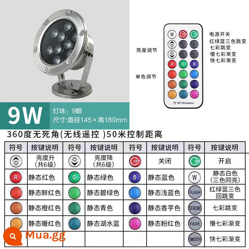 Ánh sáng dưới nước led không thấm nước đầy màu sắc ánh sáng dưới nước hồ bơi ánh sáng ao cá ánh sáng bể cá ánh sáng đài phun nước non bộ ánh sáng ánh sáng cảnh quan - 9 Watts - Điều khiển từ xa không dây tầm xa 50 mét - 16 màu Thay đổi màu