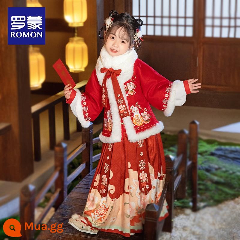 Trẻ em Hanfu bé gái mùa đông 2022 trang phục cổ mới cộng với nhung dày phong cách Trung Hoa cô gái Tang phù hợp với lời chúc mừng năm mới mùa đông - Bộ bốn món thỏ đỏ dễ thương (áo khoác + áo khoác giữa + váy ngựa + cổ lông)