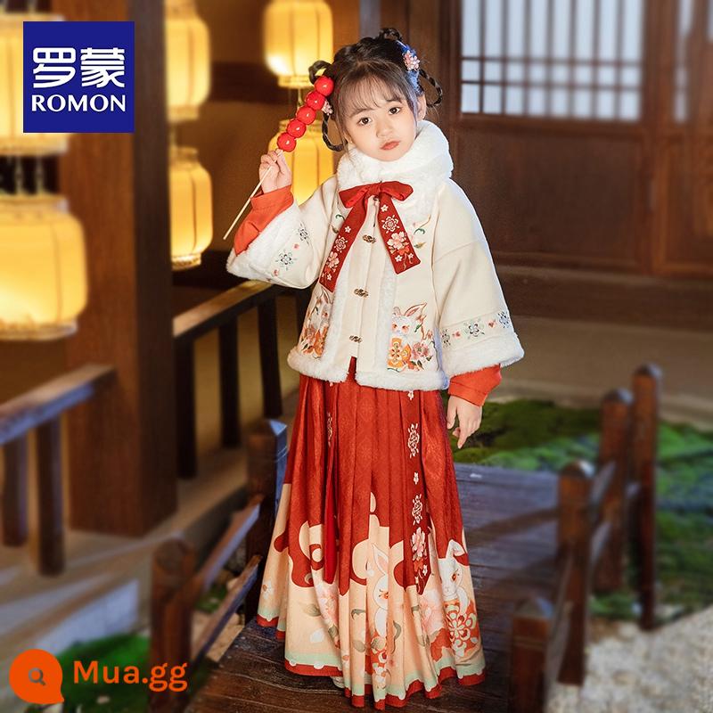 Trẻ em Hanfu bé gái mùa đông 2022 trang phục cổ mới cộng với nhung dày phong cách Trung Hoa cô gái Tang phù hợp với lời chúc mừng năm mới mùa đông - Bộ đồ 4 món thỏ trắng dễ thương (áo khoác + áo khoác giữa + váy ngựa + cổ lông)