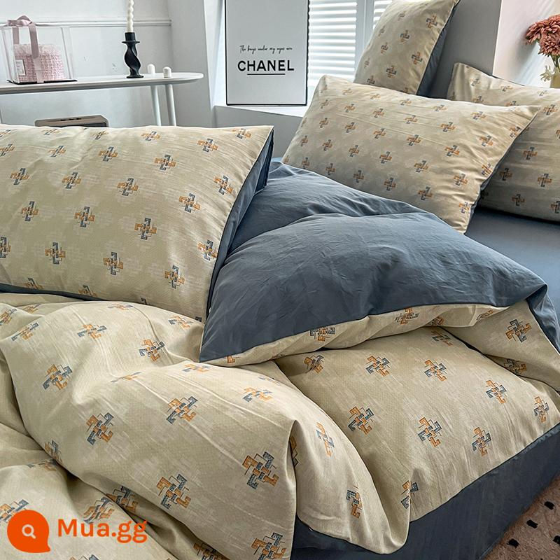 Bộ đồ giường bốn mảnh bằng vải cotton và vải lanh loại A đã giặt sạch, không phải cotton, bộ đồ giường bằng sợi bông nguyên chất hai lớp, vỏ chăn hoa bộ ba mảnh 4 - trăng ngủ