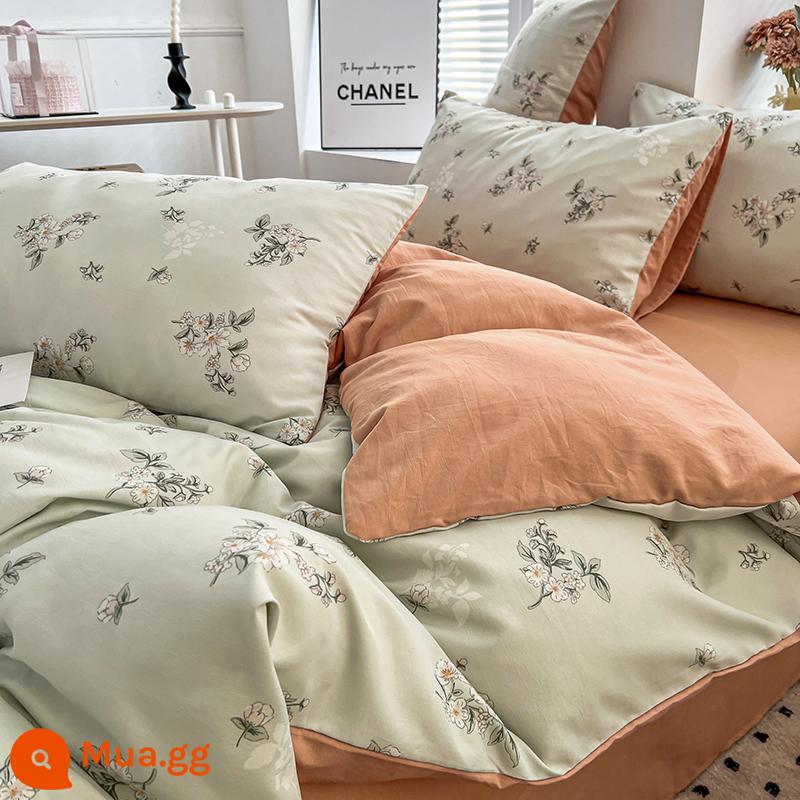 Bộ đồ giường bốn mảnh bằng vải cotton và vải lanh loại A đã giặt sạch, không phải cotton, bộ đồ giường bằng sợi bông nguyên chất hai lớp, vỏ chăn hoa bộ ba mảnh 4 - Aono