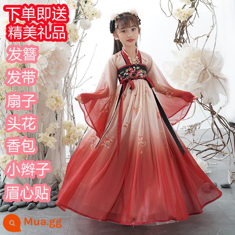 Hanfu bé gái mùa xuân và mùa thu phong cách Trung Quốc dành cho trẻ em Tang phù hợp với trang phục cổ siêu váy váy bé gái công chúa phong cách cổ mới - Lá phong đỏ (váy đơn) + tặng quà