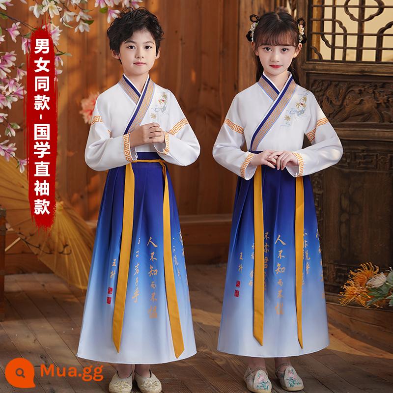 Sáu mốt Hanfu nam và trẻ em đồng phục học sinh Trung Quốc cổ đại Kinh thánh ba ký tự biểu diễn quần áo nữ Sách phong cách Trung Quốc trẻ em học sinh tiểu học - Kiểu tay áo thẳng văn hóa Trung Quốc