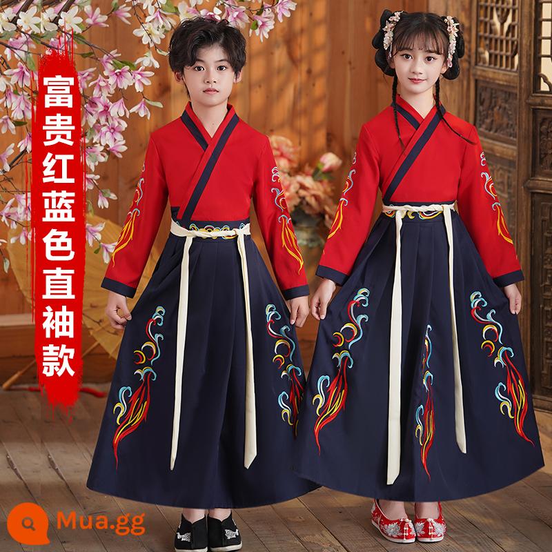 Sáu mốt Hanfu nam và trẻ em đồng phục học sinh Trung Quốc cổ đại Kinh thánh ba ký tự biểu diễn quần áo nữ Sách phong cách Trung Quốc trẻ em học sinh tiểu học - Tay áo thẳng màu đỏ và xanh đậm