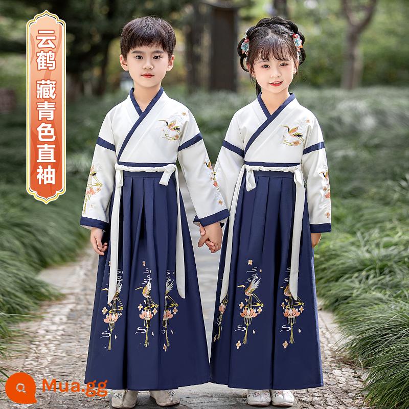 Sáu mốt Hanfu nam và trẻ em đồng phục học sinh Trung Quốc cổ đại Kinh thánh ba ký tự biểu diễn quần áo nữ Sách phong cách Trung Quốc trẻ em học sinh tiểu học - Tay áo thẳng màu xanh hải quân Yunhe