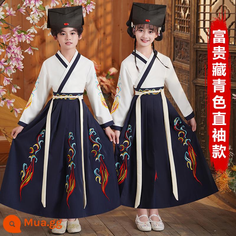 Sáu mốt Hanfu nam và trẻ em đồng phục học sinh Trung Quốc cổ đại Kinh thánh ba ký tự biểu diễn quần áo nữ Sách phong cách Trung Quốc trẻ em học sinh tiểu học - Tay áo thẳng màu xanh hải quân đậm + mũ văn hóa truyền thống Trung Quốc