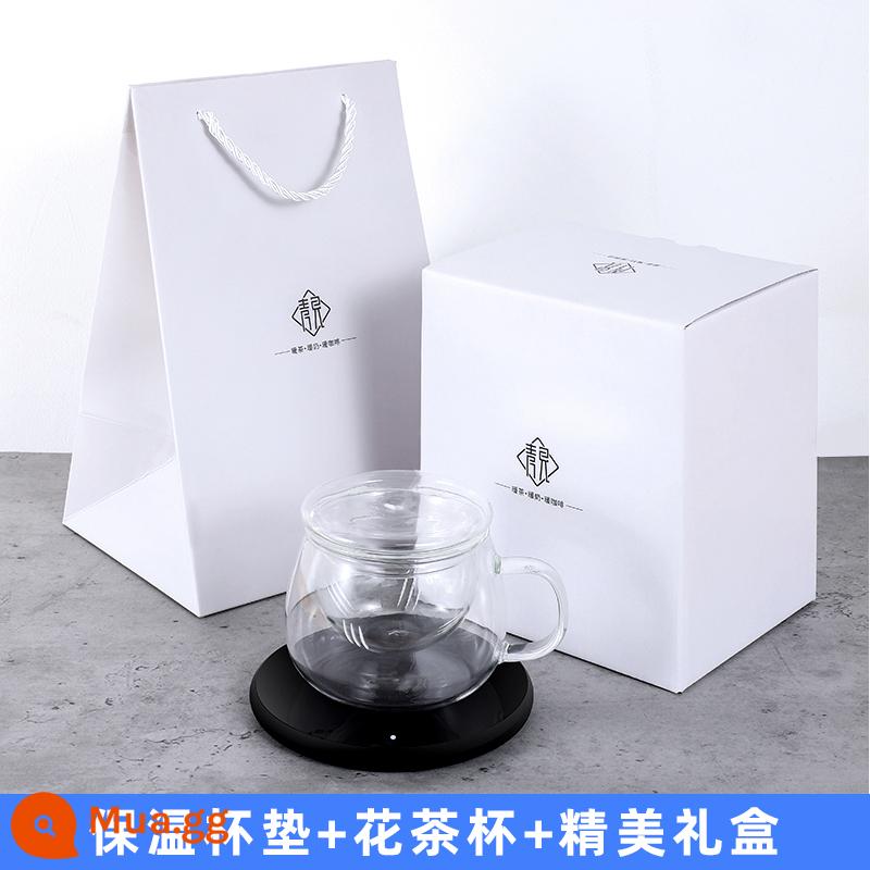 Qingjian nhiệt độ không đổi làm nóng Coaster có thể điều chỉnh nhiệt độ cách nhiệt căn cứ 55 độ cốc ấm ký túc xá văn phòng sữa nóng hiện vật - Tách Trà Công Nghệ Đen + Hoa (Hộp Quà)