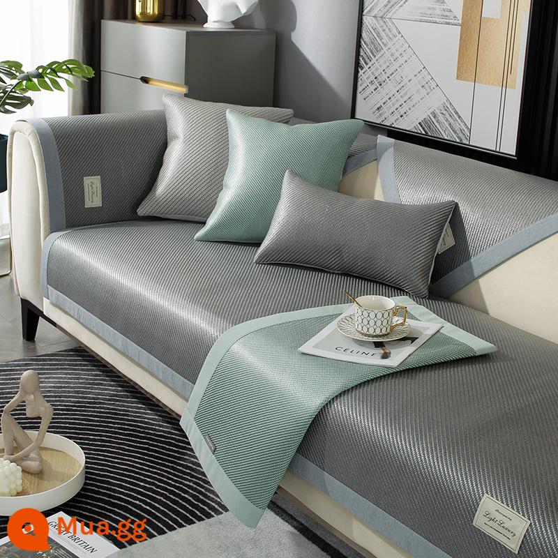 Mùa Hè Băng Lụa Sofa Đệm Chống Trơn Trượt Ngồi Đệm Giặt Bốn Mùa Đa Năng Thảm Mát Thảm Mây Bọc Ghế Sofa băng Thảm - Cạnh thẳng màu xám khói xanh