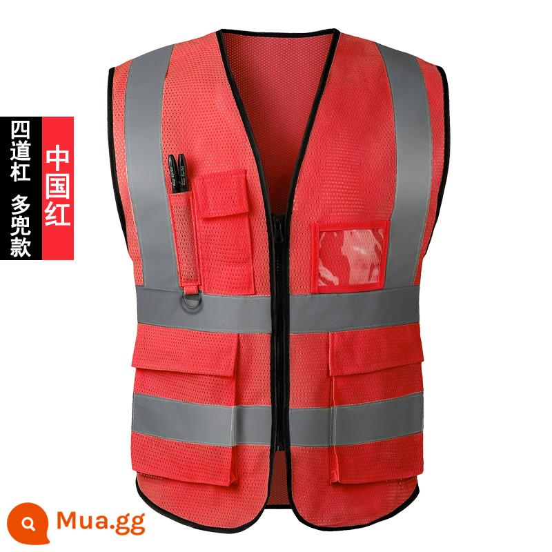 Vest an toàn phản quang vệ sinh xây dựng vest công trường xây dựng quần áo phản quang yếm cưỡi giao thông áo khoác kích thước lớn tùy chỉnh - Khuyên dùng nhiều túi lớn màu đỏ (kiểu lưới vừa vặn cho tất cả mọi người) cho mùa hè