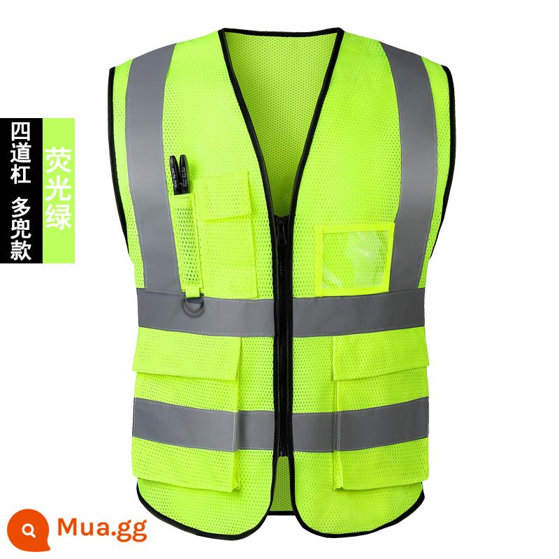 Vest an toàn phản quang vệ sinh xây dựng vest công trường xây dựng quần áo phản quang yếm cưỡi giao thông áo khoác kích thước lớn tùy chỉnh - Khuyên dùng nhiều túi màu vàng huỳnh quang [lưới] [XL] cho mùa hè