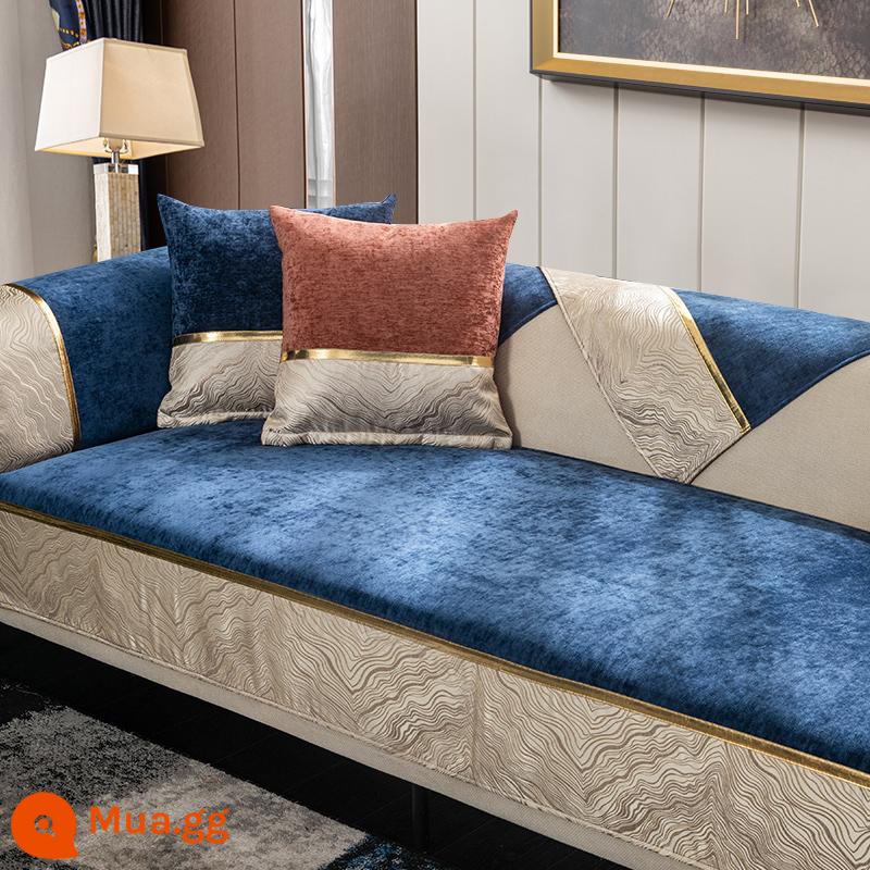 Đệm sofa phong cách sang trọng màu đen ánh sáng bốn mùa phổ thông đơn giản hiện đại cao cấp thời trang sang trọng chống trượt bọc ghế sofa da khăn - Anlan xanh viền trắng