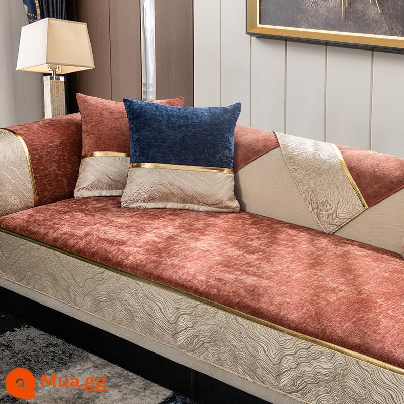 Đệm sofa phong cách sang trọng màu đen ánh sáng bốn mùa phổ thông đơn giản hiện đại cao cấp thời trang sang trọng chống trượt bọc ghế sofa da khăn - Anlan đỏ rỉ sét