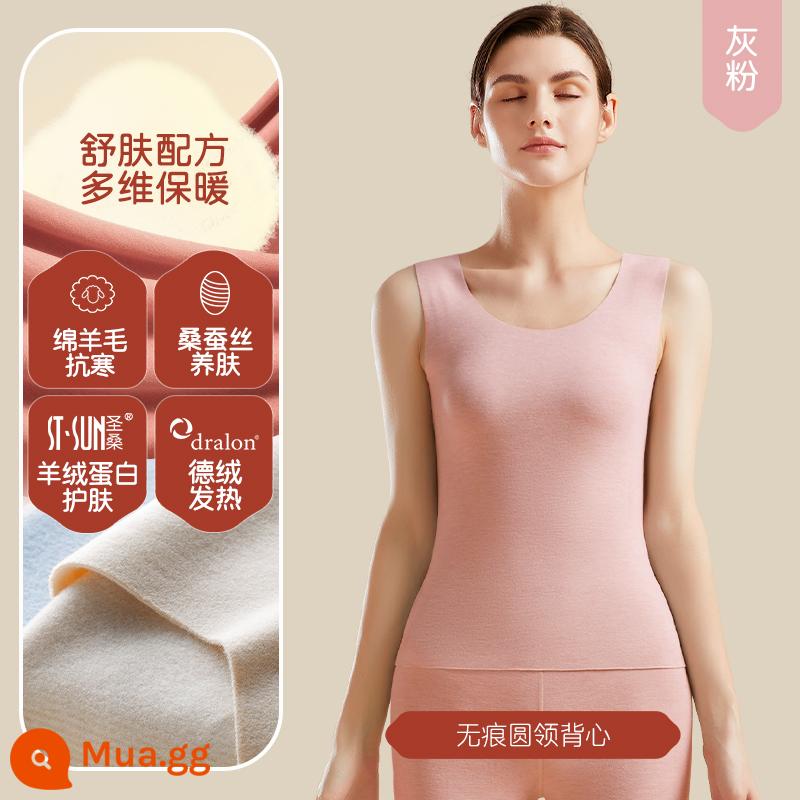 Jianyun Wool Deer Heat Hermond Vest nam mặc quần áo với đồ lót lụa nhung. Mùa đông vai - [Len Silk x Nhung Đức x Cashmere Protein] Cổ Tròn - Xám Hồng (Nữ)