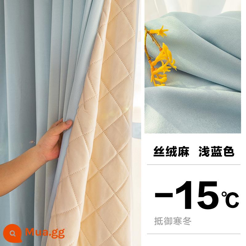 Rèm cách nhiệt mùa đông chống lạnh, dày và cotton cho ban công, chống gió và giảm ồn, phòng ngủ và phòng khách, vải cản sáng toàn bộ theo yêu cầu - Nhung, vải lanh và cotton-xanh nhạt (che sáng 60%) AC18