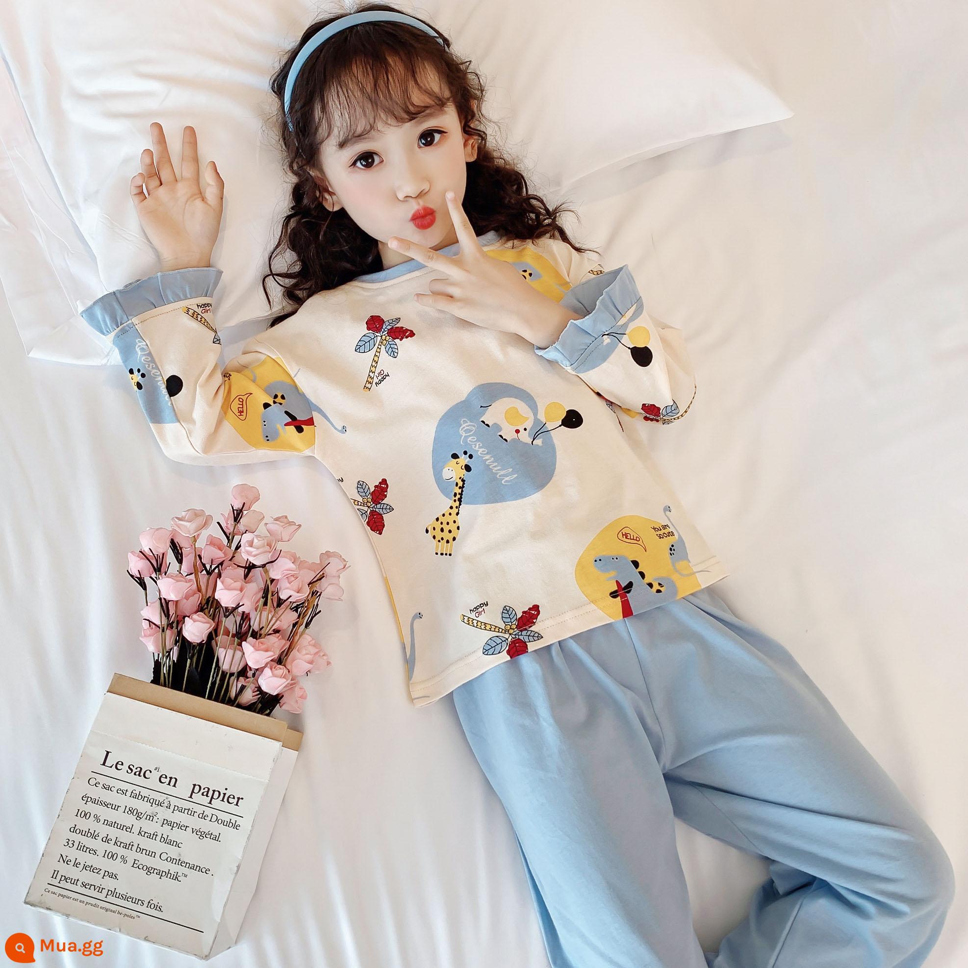 Bộ đồ ngủ trẻ em cotton nguyên chất mùa xuân và mùa thu bé gái trung và lớn cotton bé gái bộ quần áo mặc nhà dài tay cho bé - C12 dài tay hình chú voi con màu xanh