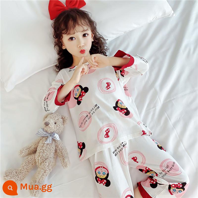 Bộ đồ ngủ trẻ em cotton nguyên chất mùa xuân và mùa thu bé gái trung và lớn cotton bé gái bộ quần áo mặc nhà dài tay cho bé - mickey dài tay