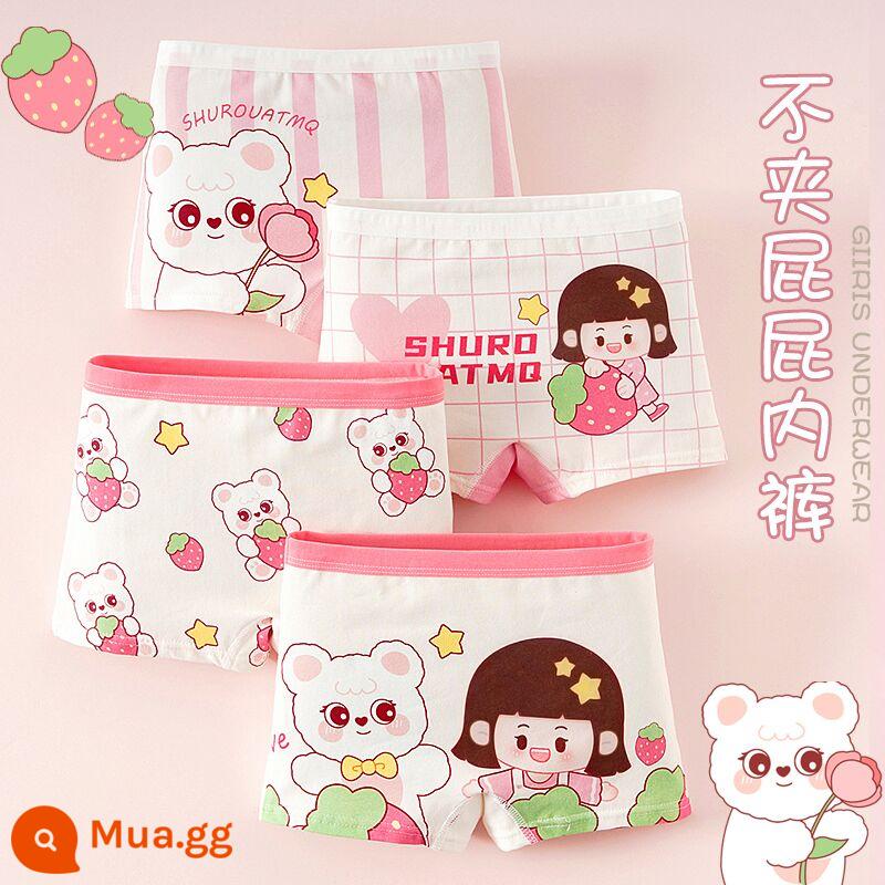 Quần lót trẻ em quần boxer nữ cotton nguyên chất quần đùi cotton trẻ em bé gái trung niên và lớn 100% không pp - Cô Nàng Dâu Tây (không kèm kẹp mông/4 gói)