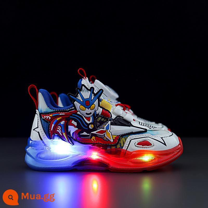 Li-Ning Hydrogen Cloud đồng thương hiệu Ultraman 2024 mùa xuân trẻ em bọc da giày phát sáng cho bé trai có đèn - Mẫu xuân thu mạng kép trắng và xanh WZ-911