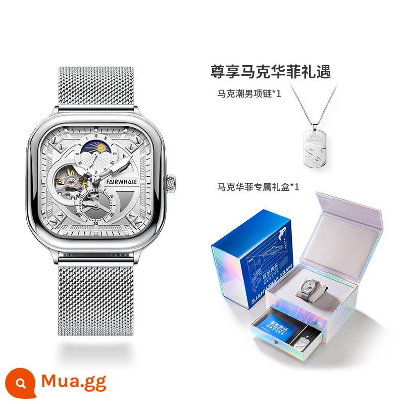 Mark Huafei Đồng Hồ Nam Vuông Cơ Khí Tự Động Thương Hiệu Chống Thấm Nước Tourbillon Rỗng Hợp Thời Trang Nam Top 10 - GP2-FW-6290-M1 [Dây lưới bạc bề mặt vỏ bạc]