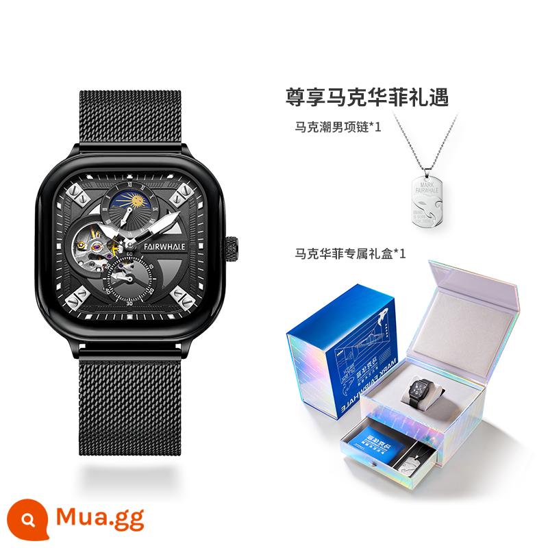 Mark Huafei Đồng Hồ Nam Vuông Cơ Khí Tự Động Thương Hiệu Chống Thấm Nước Tourbillon Rỗng Hợp Thời Trang Nam Top 10 - GP2-FW-6290-M3 vỏ đen, mặt đen, đai lưới đen]