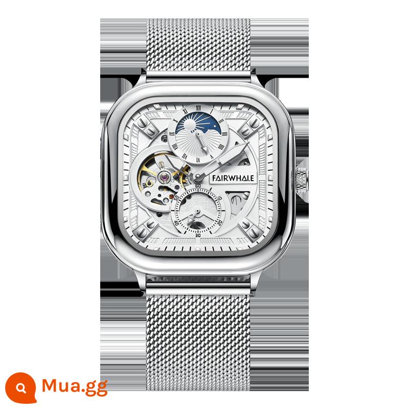 Mark Huafei Đồng Hồ Nam Vuông Cơ Khí Tự Động Thương Hiệu Chống Thấm Nước Tourbillon Rỗng Hợp Thời Trang Nam Top 10 - Đai lưới bạc bề mặt vỏ bạc BP4-FW-6290-M1]