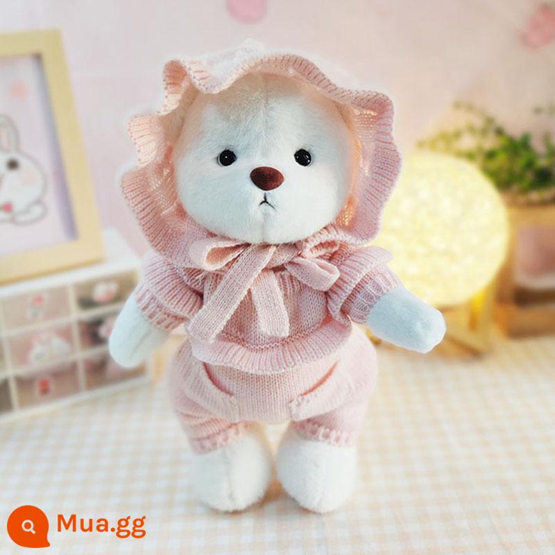 Kích thước trung bình gấu Lena quần áo gấu búp bê sang trọng quần áo búp bê 30cm gấu bông màu hồng sang trọng áo liền quần nữ - Mũ len em bé + áo len nhún bèo hồng