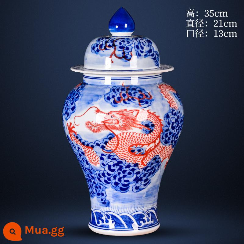 Jingdezhen Bình gốm cổ chính thức Lò nung phong cách Trung Quốc Nhà lớn Bình sứ màu xanh và trắng Trang trí tủ TV phòng khách - Lọ chung "Rồng mua thịnh vượng" sơn tay màu xanh và trắng đi kèm đế [đảm bảo hàng thật + giấy chứng nhận sưu tập + cốc lọ gà]