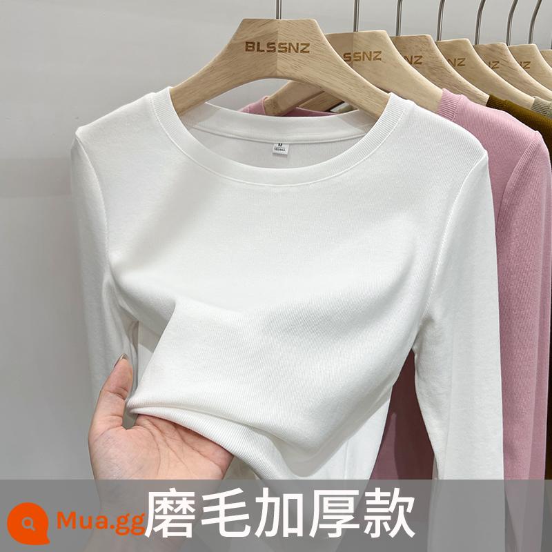 Áo thun dài tay cotton nguyên chất cho nữ đầu thu 2023 mới cổ tròn cổ tròn áo phông phối nhung đáy nhung cho nữ mặc vào mùa thu đông - [Phong cách chải trắng cộng với nhung]