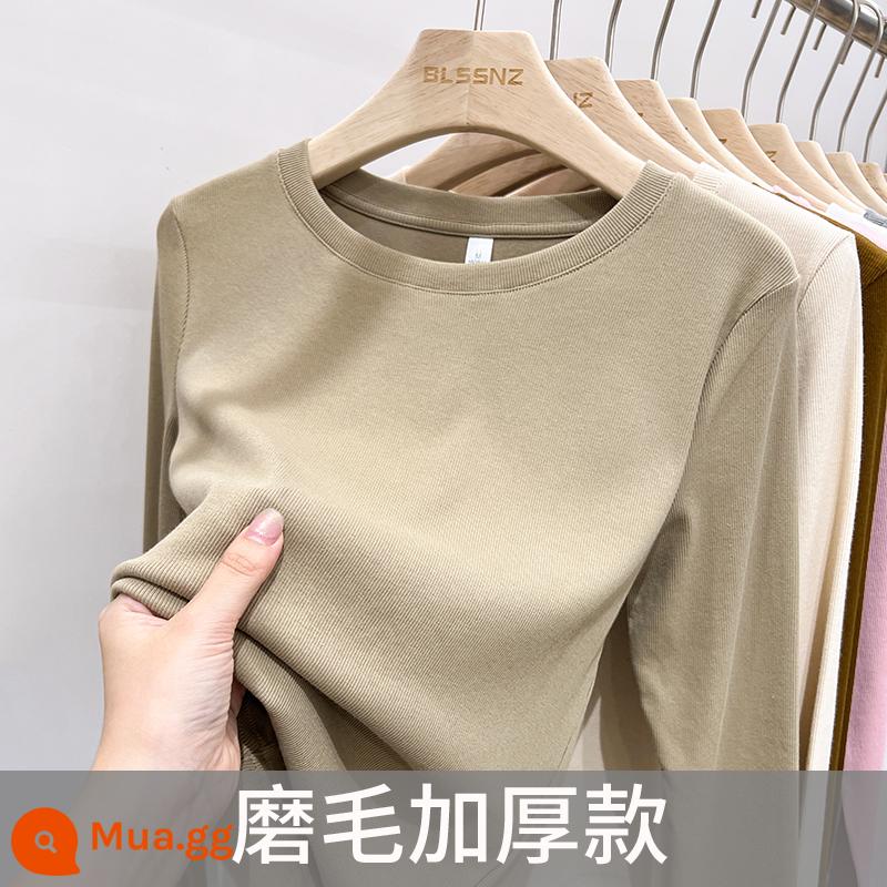 Áo thun dài tay cotton nguyên chất cho nữ đầu thu 2023 mới cổ tròn cổ tròn áo phông phối nhung đáy nhung cho nữ mặc vào mùa thu đông - [Kaki chải cộng với phong cách nhung]