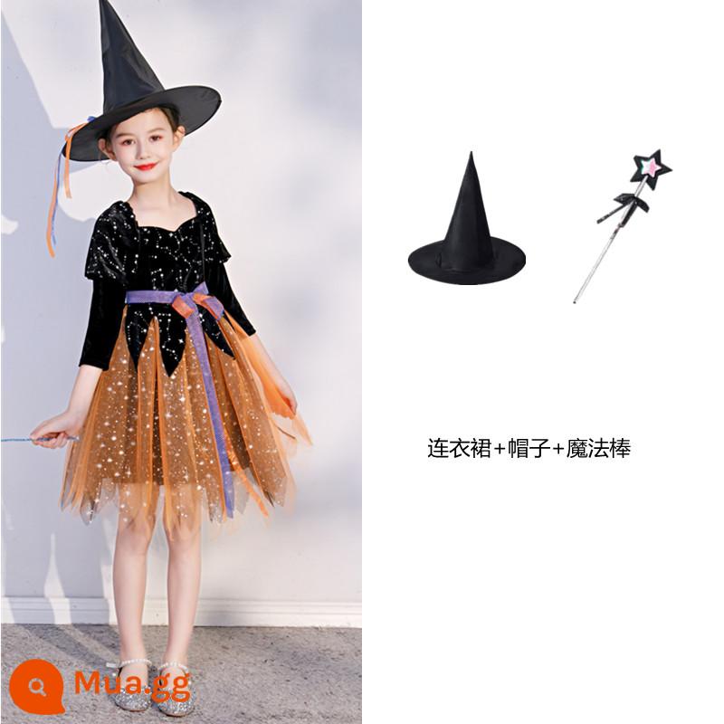 Trang phục Halloween trẻ em, trang phục phù thủy, váy phù thủy bé gái, trang phục cosplay kinh dị, trang phục ma cà rồng - Váy cam + mũ + đũa thần