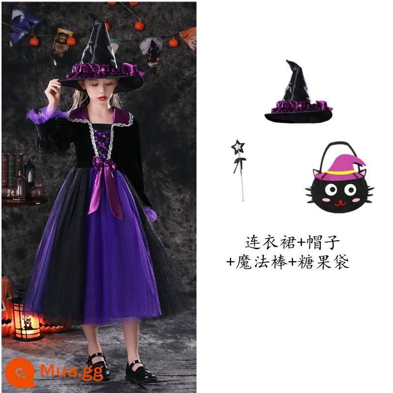 Trang phục Halloween trẻ em, trang phục phù thủy, váy phù thủy bé gái, trang phục cosplay kinh dị, trang phục ma cà rồng - Váy tím + mũ + đũa thần + túi kẹo