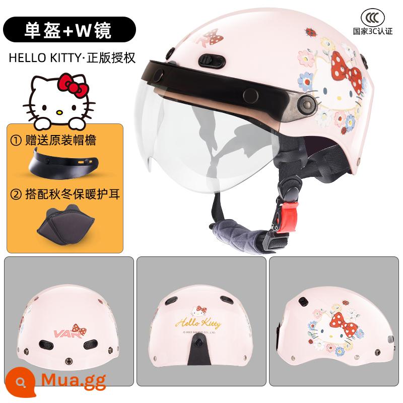 VAR doanh HelloKitty xe điện mùa đông ấm mũ bảo hiểm nữ dễ thương cưỡi mũ bảo hiểm bốn mùa - Nơ hoa hồng chấm bi KT+w gương trong suốt