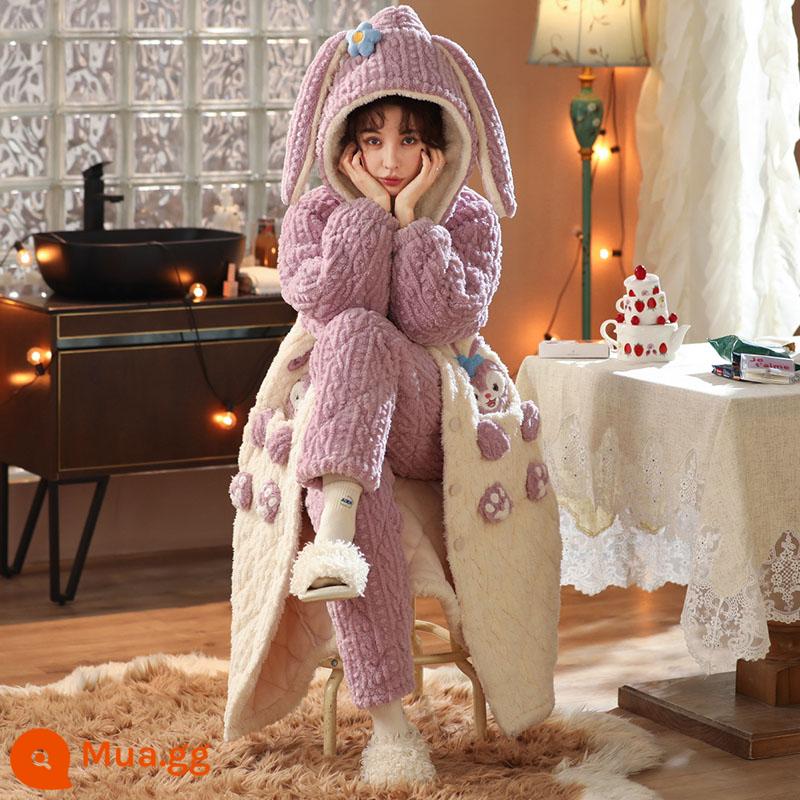 Bộ đồ ngủ ba pyjamas nữ mùa thu và mùa đông san hô dày - 6161JI túi chần thỏ tím (quần chần)