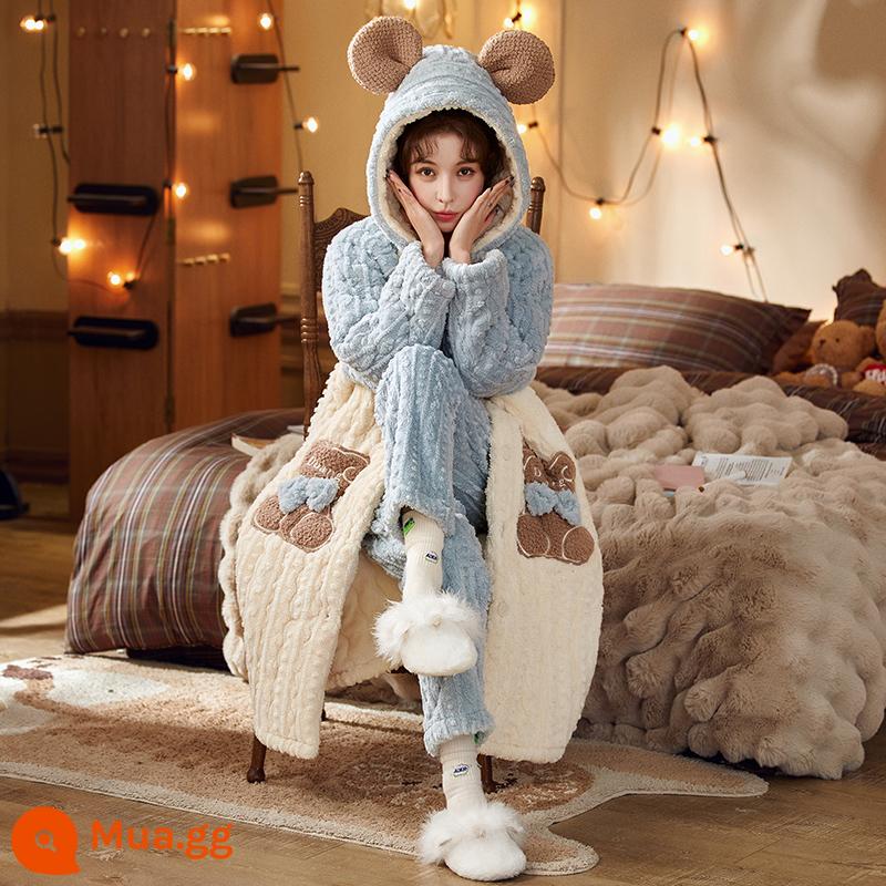 Bộ đồ ngủ ba pyjamas nữ mùa thu và mùa đông san hô dày - 6132 Nơ gấu nâu (quần lông cừu)