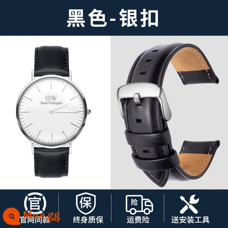 Thích hợp cho dây đeo dw da thật chính hãng nam nữ Daniel Wellington khóa pin dây da bò retro dây đồng hồ đa năng - Khóa bạc màu đen [mẫu gốc]