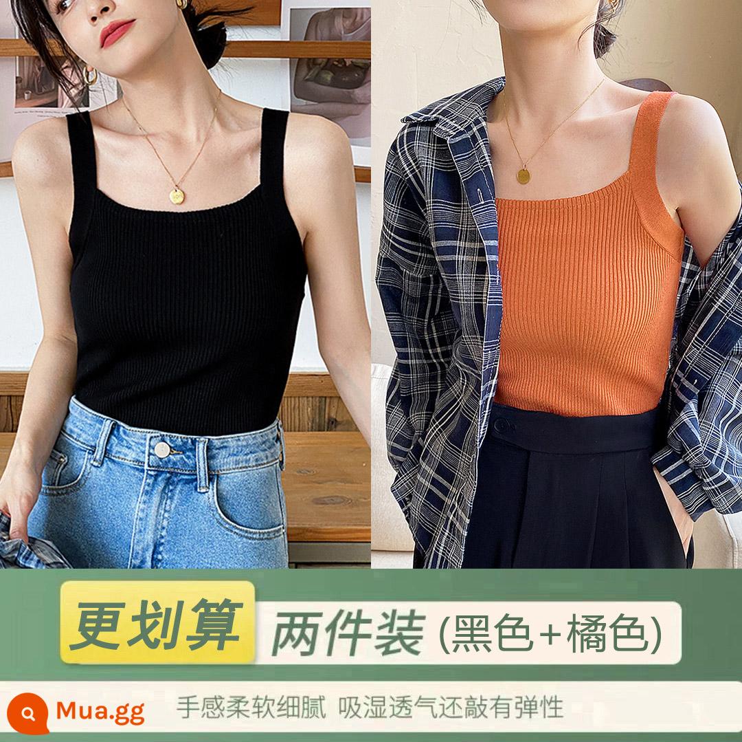 Bộ vest nữ màu đen với thiết kế áo vest dệt kim có đáy màu trắng tạo cảm giác thích hợp mặc bên ngoài áo ngắn mùa hè - (Đen + Cam) Hai gói