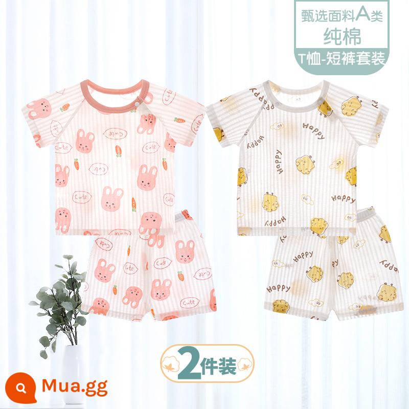 Bộ đồ ngắn tay mùa hè cho bé quần short bé cotton mỏng sơ sinh quần áo hai mảnh mùa hè bé trai và bé gái - [Bộ đồ ngắn tay] Thỏ hồng+Toast Baby/2 cái