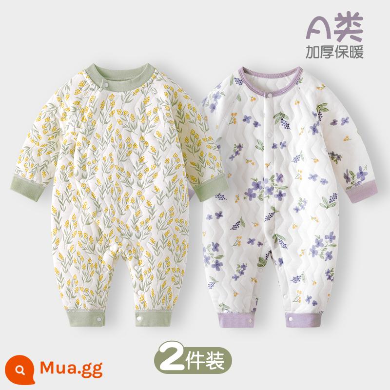 Quần áo cotton cho bé mùa đông áo liền quần dày mùa xuân và mùa thu mùa đông phù hợp với trẻ sơ sinh chần bông ấm áp cho bé quần áo - Tai lúa mì + chữ chuông gió | 2 miếng giữ ấm