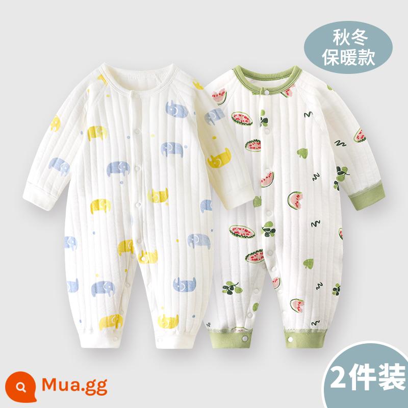 Jumpsuit cho bé mùa xuân, mùa thu và mùa đông mùa đông ấm áp chần bông mùa thu quần áo sơ sinh đầu mùa thu cho bé dày lên phù hợp với - Voi xanh vàng D+dưa hấu xanh F|2 miếng