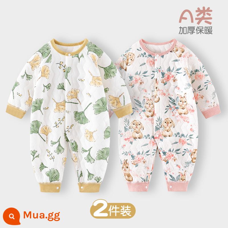 Quần áo cotton cho bé mùa đông áo liền quần dày mùa xuân và mùa thu mùa đông phù hợp với trẻ sơ sinh chần bông ấm áp cho bé quần áo - Bạch quả Yingfu + Thỏ vườn | Ấm 2 miếng