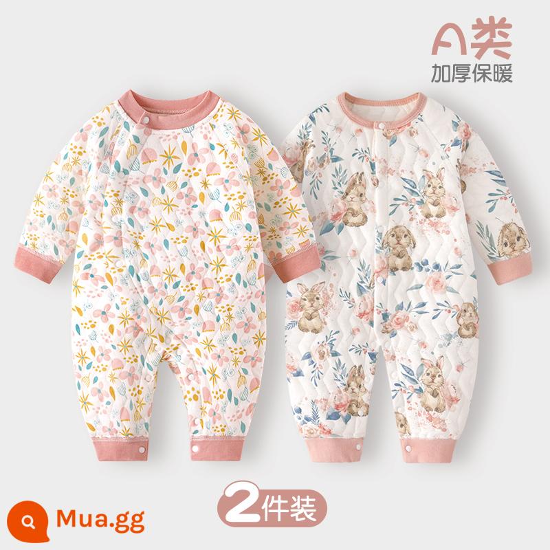 Jumpsuit cho bé mùa xuân, mùa thu và mùa đông mùa đông ấm áp chần bông mùa thu quần áo sơ sinh đầu mùa thu cho bé dày lên phù hợp với - Hoa + Thỏ Vườn | 2 cái