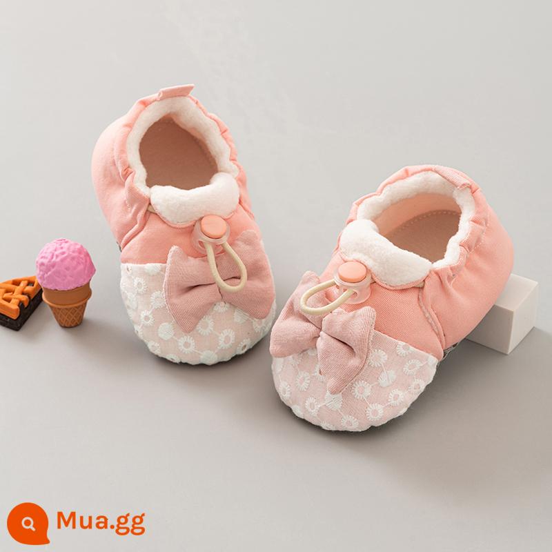 Giày cotton trẻ em đế mềm Winter plus nhung, giày thu đông cho bé, giày trẻ sơ sinh, giày một tuổi, hàng về mùa đông cho nữ - Nhung xuân - khóa thun - trắng + thêu ren (thích hợp nhiệt độ khoảng 10 đến 23 độ