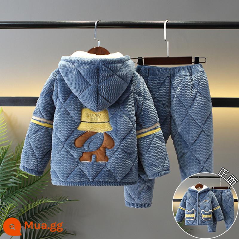 Bộ đồ ngủ trẻ em mùa đông dày bé gái Plus nhung chần bông flannel phù hợp với bé gái mùa đông san hô trang nhà quần áo - H37-gấu thánh ca xanh