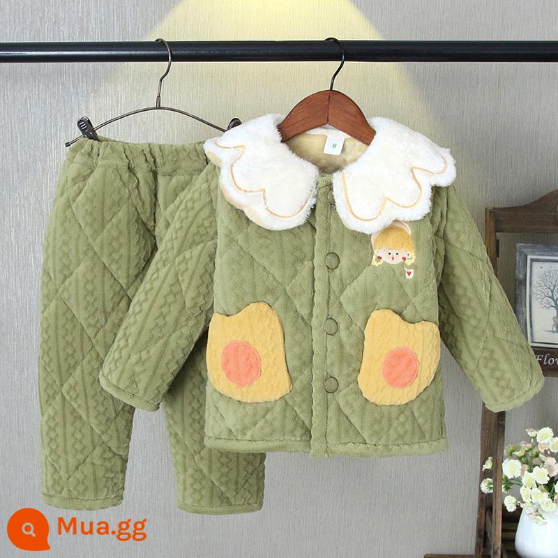 Bộ đồ ngủ trẻ em mùa đông dày bé gái Plus nhung chần bông flannel phù hợp với bé gái mùa đông san hô trang nhà quần áo - H110-nơ thêu cổ xanh