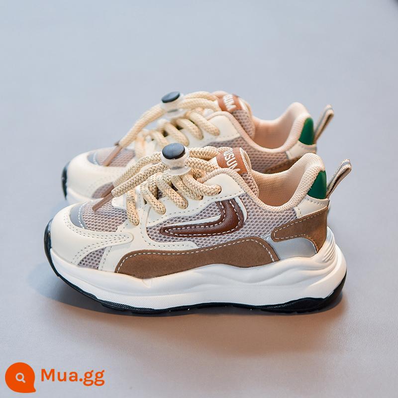 Giày Bé Gái Giày Sneakers Mùa Xuân 2023 Mới Lưới Trẻ Em Bố Giày Xuân Thu Bé Gái Giày Chạy Thường Ngày - Khaki