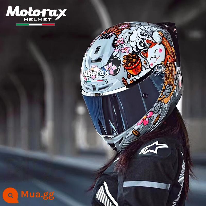 MOTORAX Morex R50S Một Đầu Máy Xe Lửa Mũ Bảo Hiểm Full Mũ Bảo Hiểm Nam Nữ Đuôi Lớn Gió Xuân Xe Bốn Mùa - Mèo may mắn màu xám [Gương bạc]